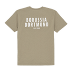 Sage-colored BVB T-shirt for women with large white "Borussia Dortmund" lettering and "Since 1909" on the back.