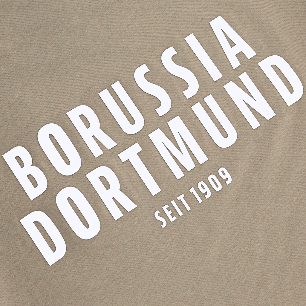 Sage-colored BVB T-shirt for women with prominent white "Borussia Dortmund" lettering and a "Since 1909" print—perfect for fans.