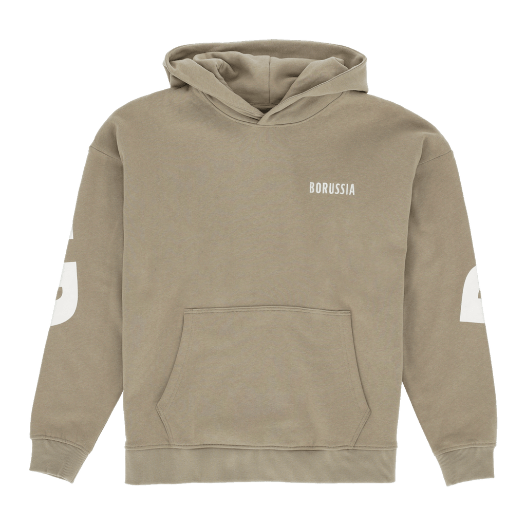 Felpa con cappuccio BVB da donna color verde salvia, con tasca a marsupio e discreta scritta “Borussia” sul davanti, ideale per il tempo libero e come abbigliamento da tifoso.