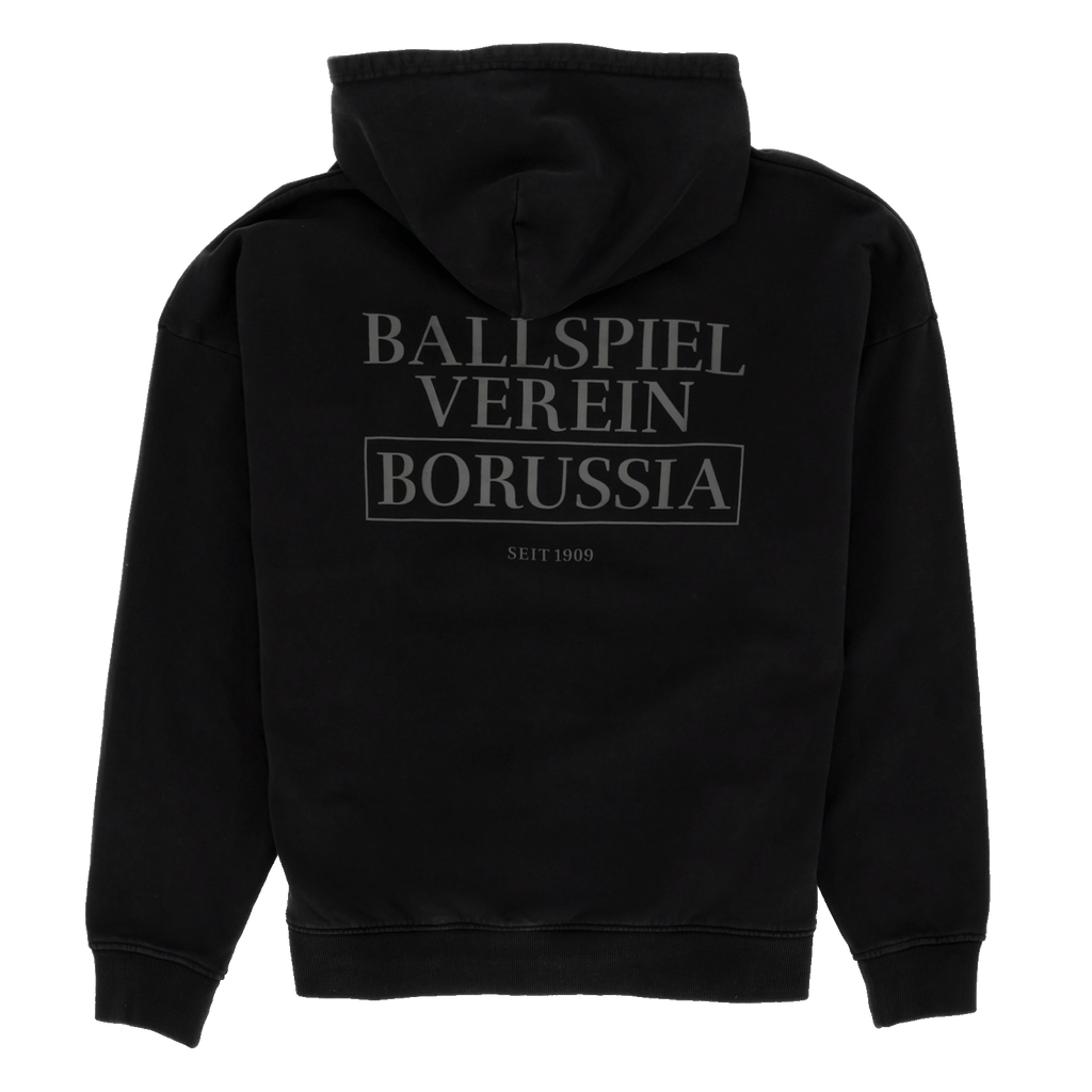 Felpa nera da donna del BVB con cappuccio e grande stampa sul retro “Ballspielverein Borussia, dal 1909”. Perfetta per i tifosi del Borussia Dortmund.