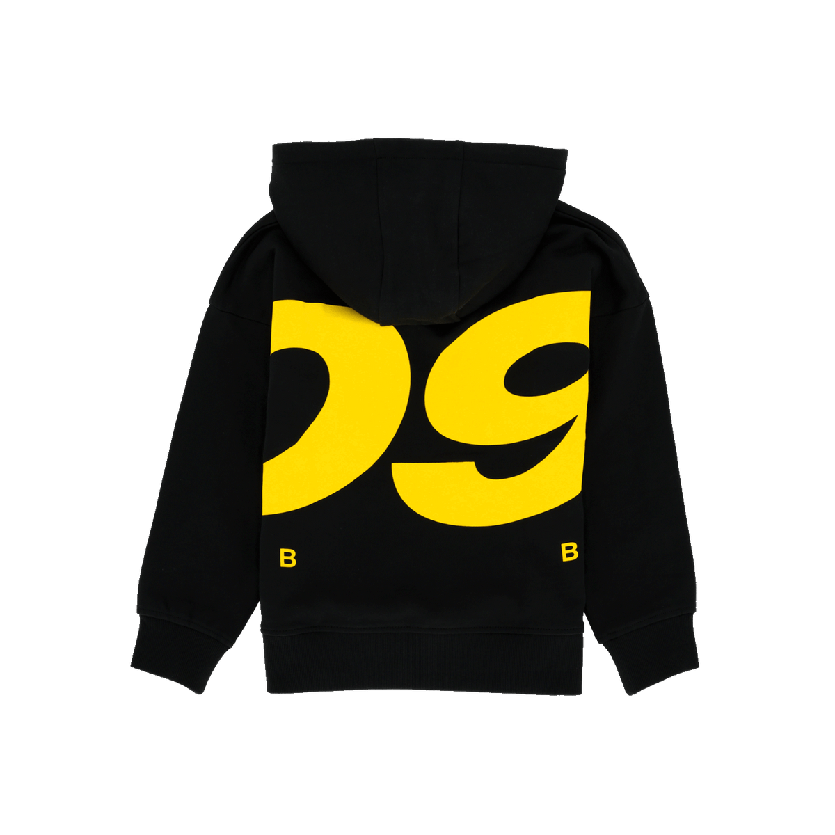 Kinder-Hoodie des BVB in schwarzgelb, Rückansicht mit gelber 09 und BVB-Details.
