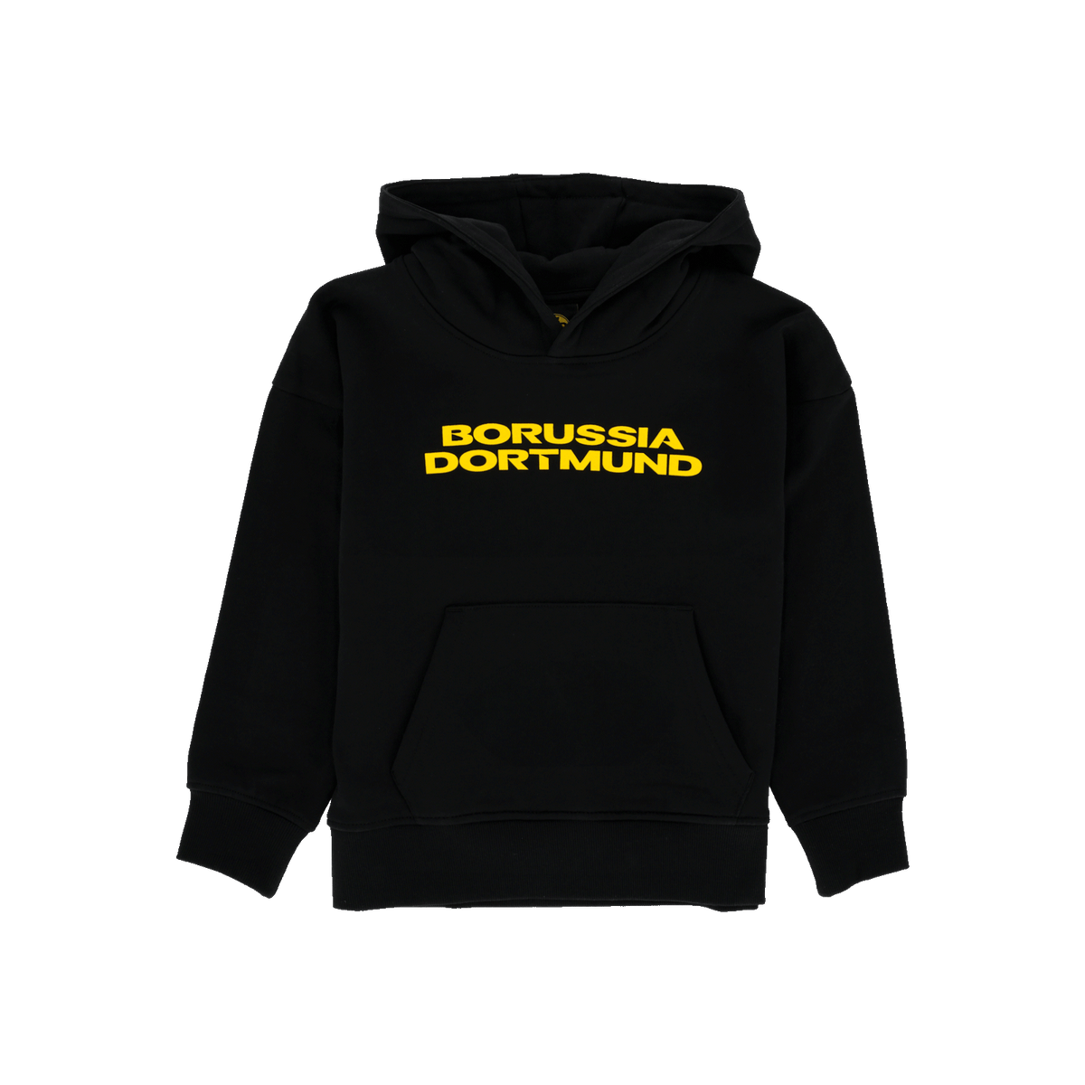 Schwarzer Kinder-Hoodie mit Kapuze und gelbem Borussia Dortmund-Schriftzug auf der Brust, ideal für junge Fans.
