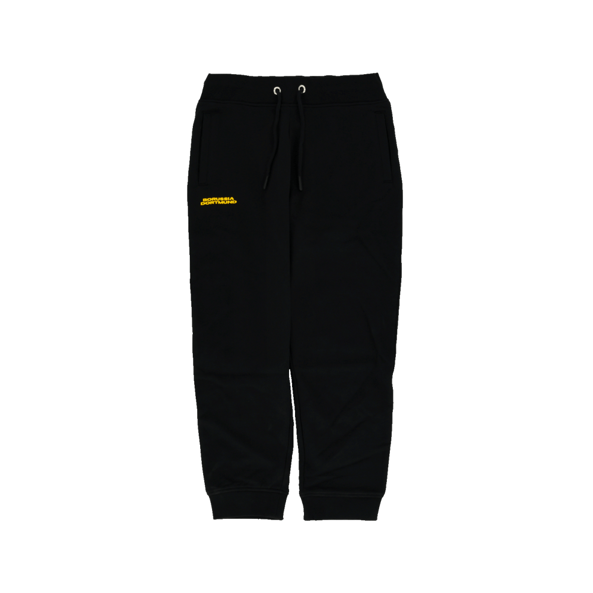 Schwarze BVB Sweatpants Urban 09 für Kinder mit elastischem Bund und gelbem Borussia Dortmund Schriftzug, ideal für Freizeit und Sport.
