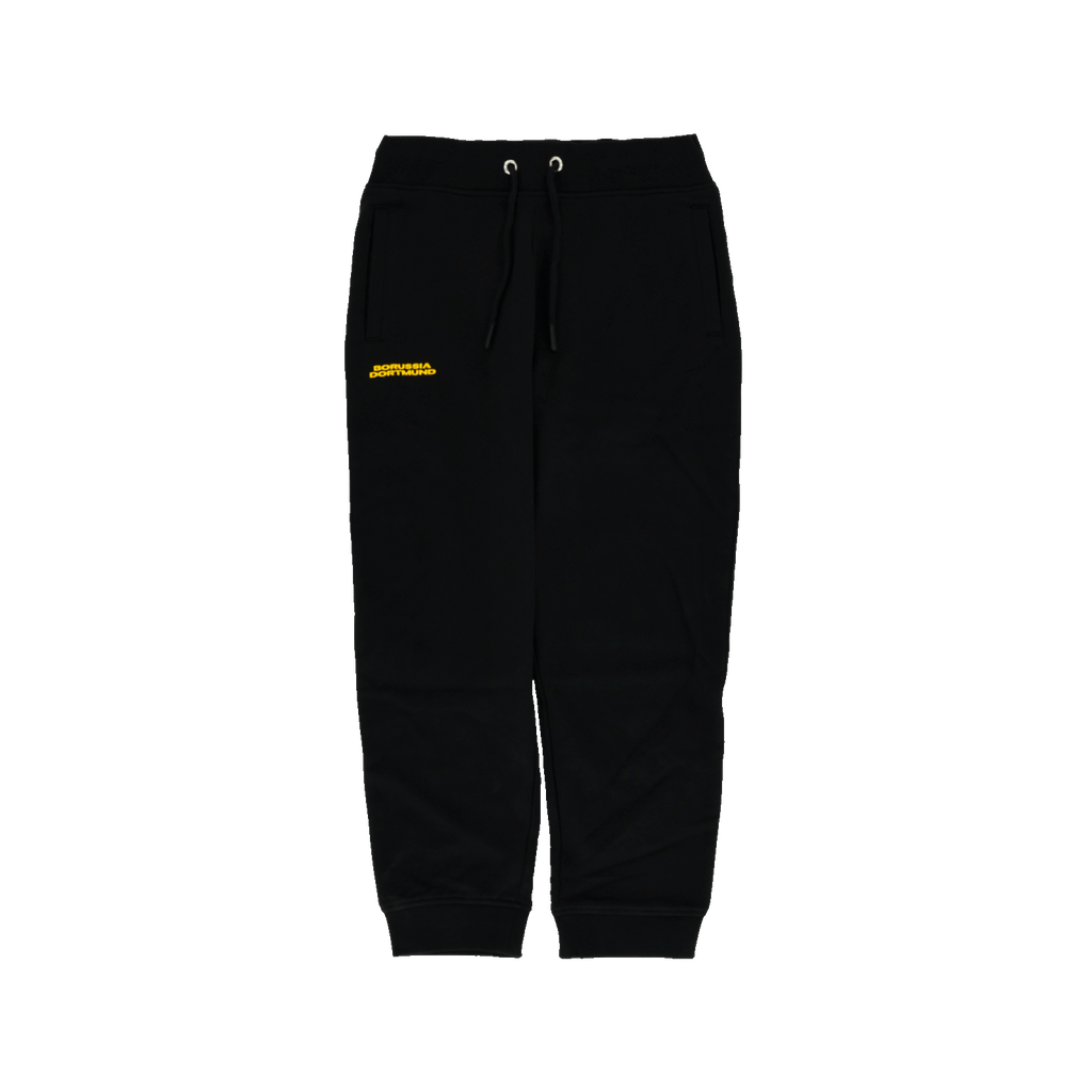 Pantalones de chándal negros del BVB «Urban 09» para niños, con cintura elástica y el logotipo amarillo del Borussia Dortmund, ideales para el tiempo libre y el deporte.