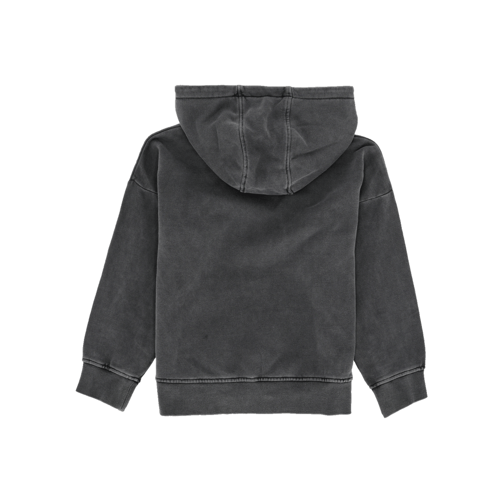 Vue arrière d'un sweat à capuche noir du BVB pour enfants, orné d'un motif graffiti urbain et présentant un effet délavé moderne.