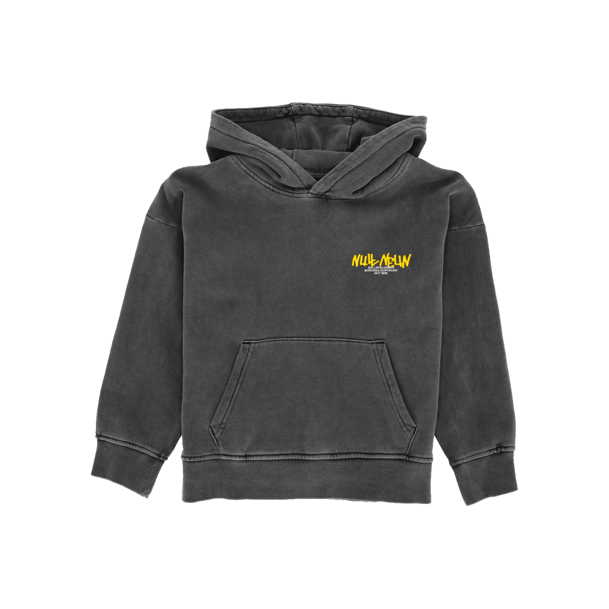 Schwarzer BVB Kinder Hoodie im Urban Graffiti Stil mit gelbem 'Null Neun'-Schriftzug auf der Vorderseite, ideal für junge Fans von Borussia Dortmund.