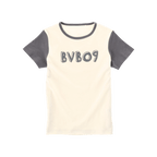 White BVB T-shirt for kids with gray sleeves in a color-block design and large "BVB09" lettering on the chest.