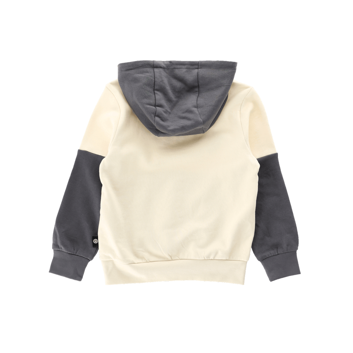 Rear view of the BVB Colorblock II hoodie for kids, a black-and-yellow hooded sweatshirt, perfect for young Borussia Dortmund fans.