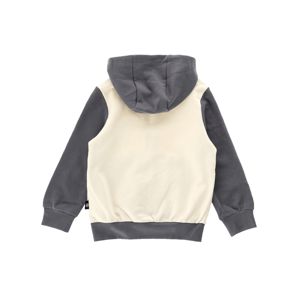 A rear view of a BVB children's hooded sweatshirt jacket in a color-block design, featuring long sleeves and contrasting elements in black and yellow.