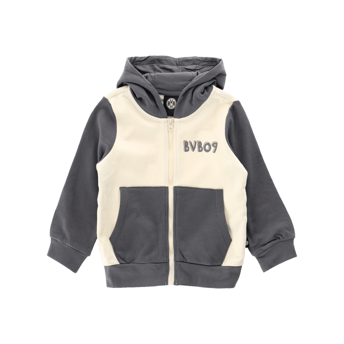 BVB Sweatjacke Colorblock II für Kinder, zweifarbig in Grau und Beige mit Kapuze, Reißverschluss und aufgedrucktem BVB 09-Logo auf der Brust.