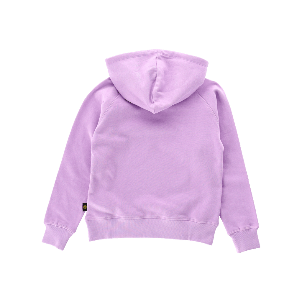 Vista trasera de una sudadera con capucha EMMA del BVB en color lila para niños, ideal para los jóvenes aficionados del Borussia Dortmund.