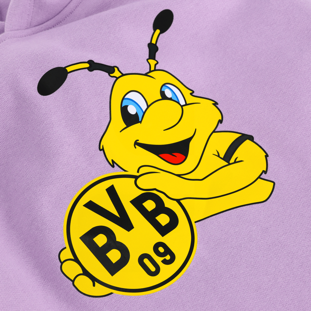 Lila Hoodie für Kinder mit dem gelben BVB-Maskottchen EMMA und BVB 09-Logo als auffälligem Druck auf der Vorderseite.