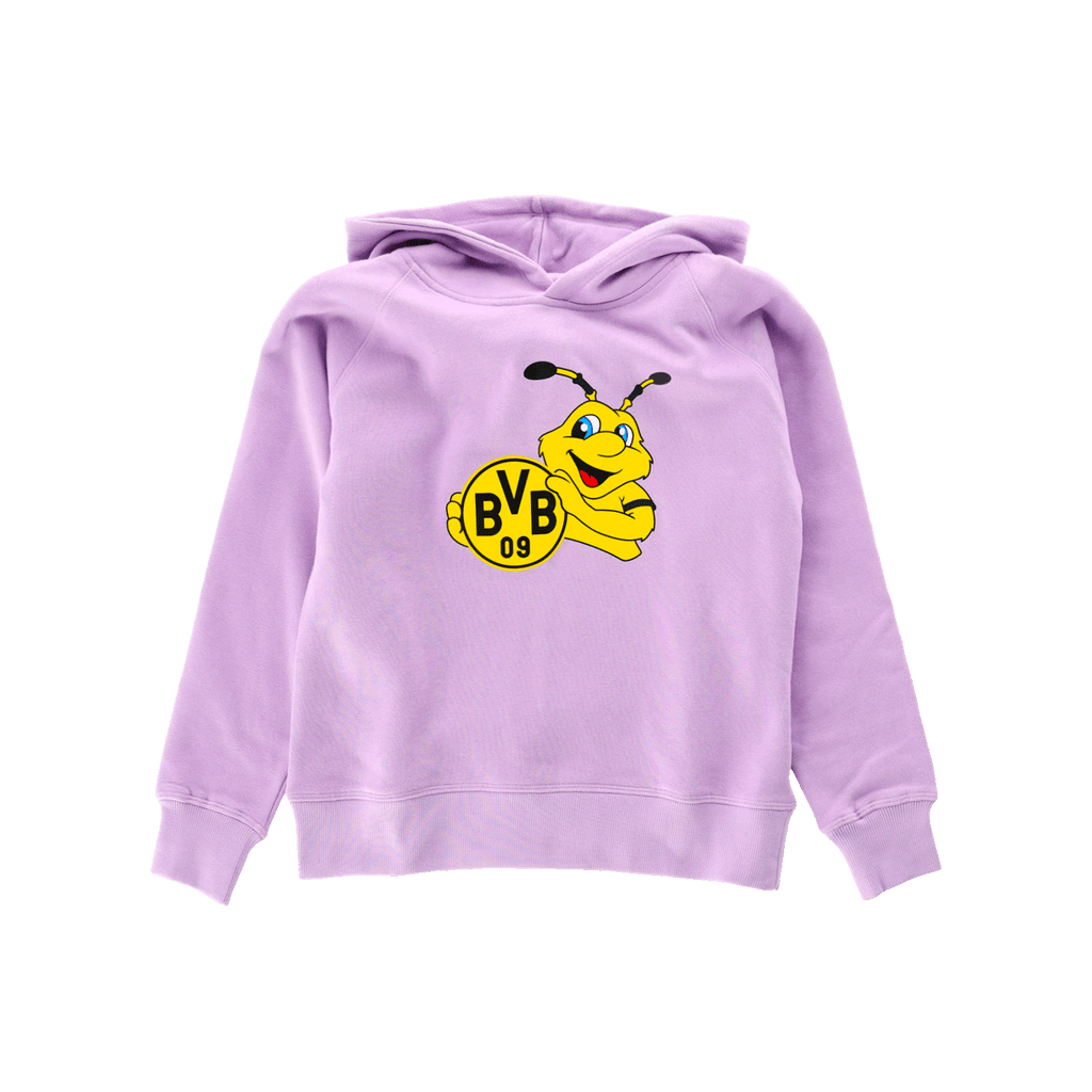 Sudadera con capucha morada para niños con el logotipo del BVB-EMMA en la parte delantera, ideal para los aficionados del Borussia Dortmund.