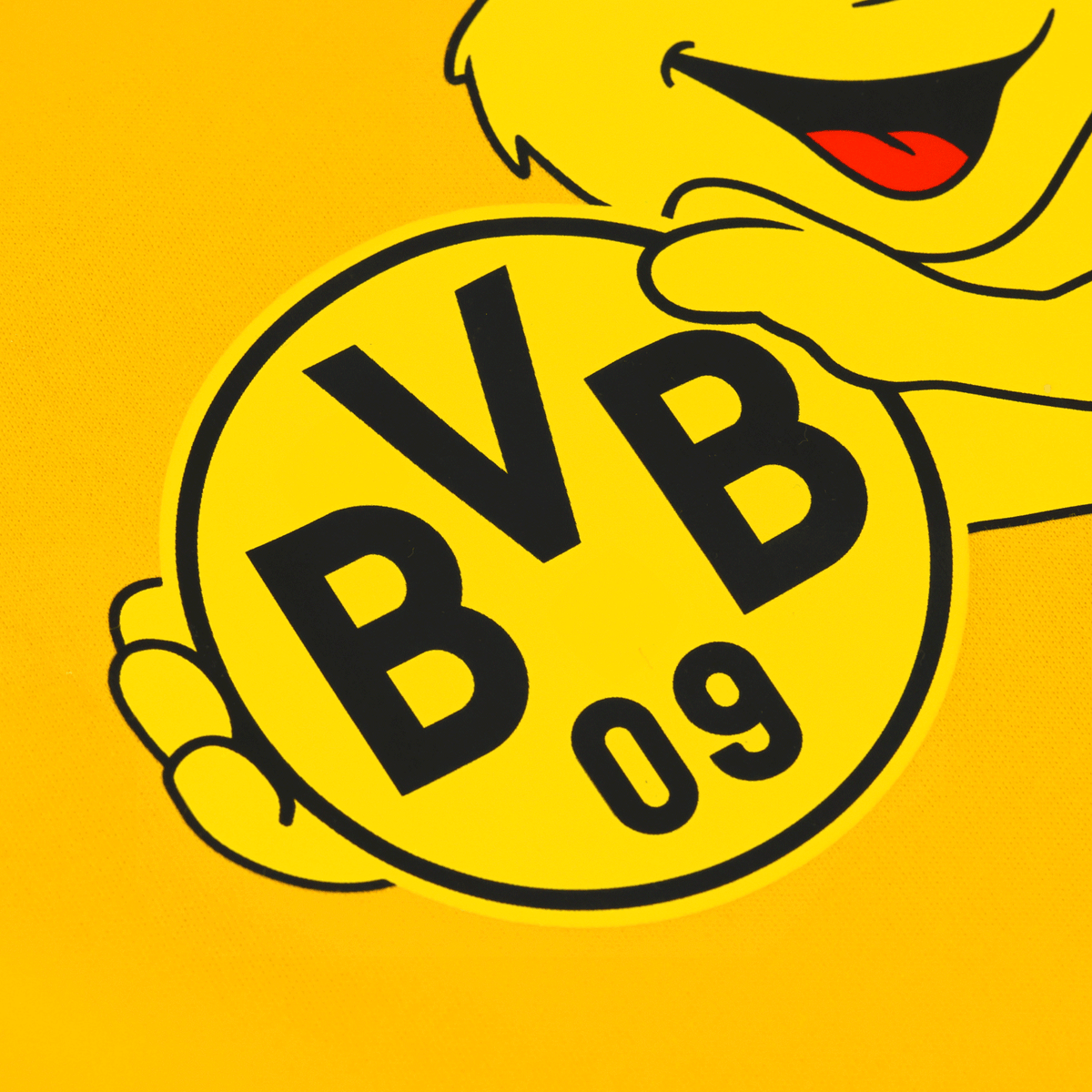 Gelbes BVB EMMA T-Shirt für Kinder mit großem BVB 09 Logo und Maskottchen-Design, ein Fanartikel für junge Borussia Dortmund Fans.