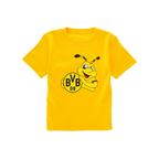 Gelbes BVB-Kinder-T-Shirt mit dem Vereinsmaskottchen EMMA und BVB 09-Logo als Druck auf der Vorderseite. Offizieller Borussia Dortmund Fanartikel.