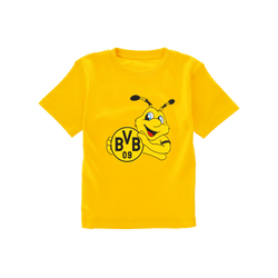 Camiseta infantil amarilla del BVB con EMMA, la mascota del club, y el logotipo «BVB 09» estampados en la parte delantera. Producto oficial para aficionados del Borussia Dortmund.