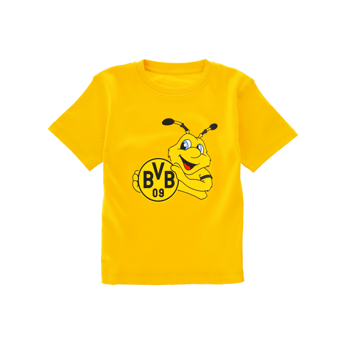 黄色多特蒙德（BVB）儿童T恤，正面印有俱乐部吉祥物EMMA和BVB 09标志。多特蒙德（Borussia Dortmund）官方球迷周边商品。
