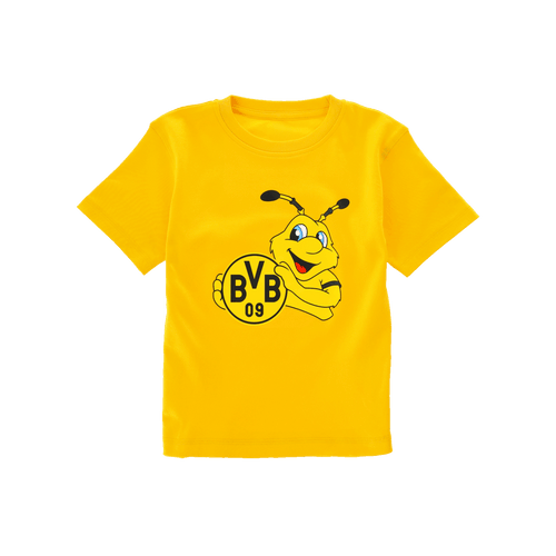 Yellow BVB children's T-shirt featuring the club mascot EMMA and the BVB 09 logo printed on the front. Official Borussia Dortmund fan merchandise.