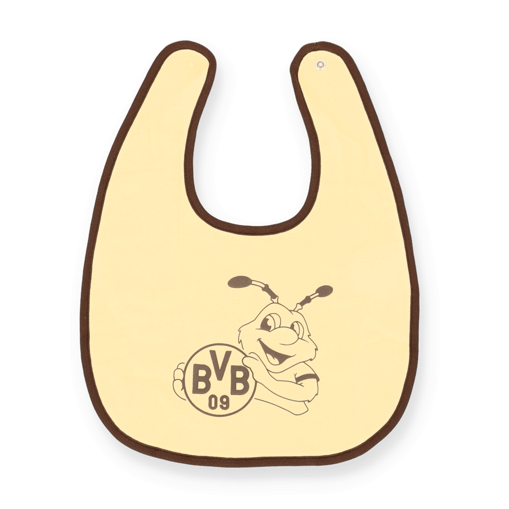 ベージュ色のBVBベビー用よだれかけ。縁は茶色で、エマのイラストがプリントされており、小さなBVBファンにぴったりです。