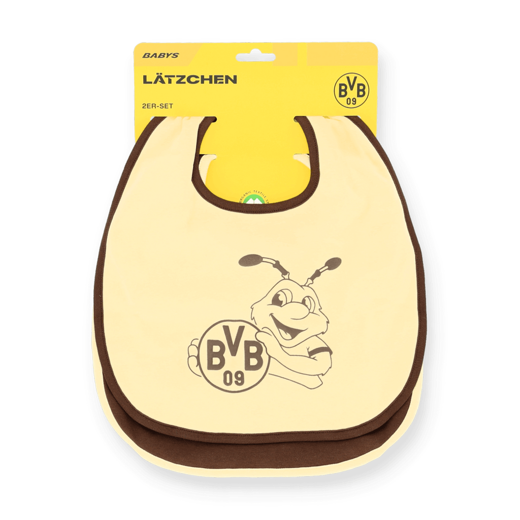 黒と黄色の2点セットのBVBベビーよだれかけセット。EMMAのモチーフとBVBのロゴが入っており、小さなボルシア・ドルトムントのファンにぴったりです。