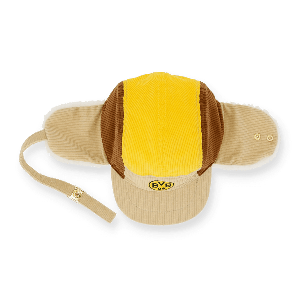 Gorra del BVB con bloques de color para bebés y niños pequeños en amarillo, marrón y beige, con el logotipo del BVB a la vista y una correa ajustable.