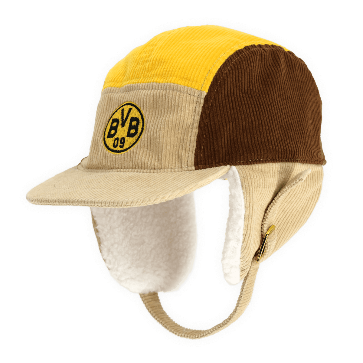 BVB Baby- und Kleinkind-Mütze im Colorblock-Design, mit BVB 09 Logo, Cordstoff und Ohrenschutz in Gelb, Beige und Braun.