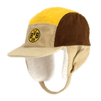 Gorro del BVB para bebés y niños pequeños con diseño «color block», con el logotipo del BVB 09, tejido de pana y orejeras en amarillo, beige y marrón.