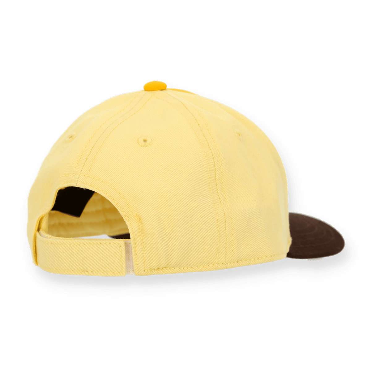 Cappellino da neonato del BVB giallo con visiera marrone, chiusura regolabile e design semplice visto da dietro.
