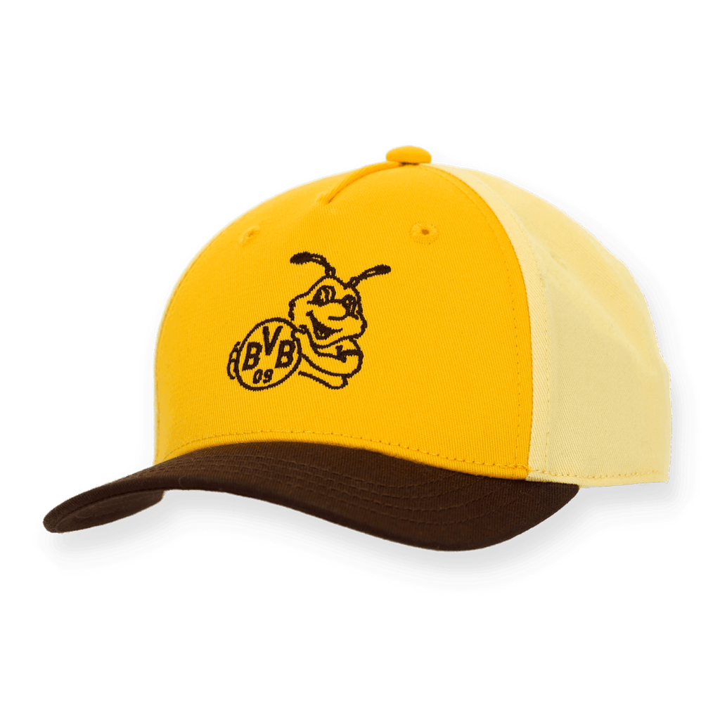 Cappellino da neonato del BVB con design a blocchi di colore giallo e marrone, con EMMA e il logo del BVB sul davanti: l'accessorio perfetto per i piccoli tifosi.