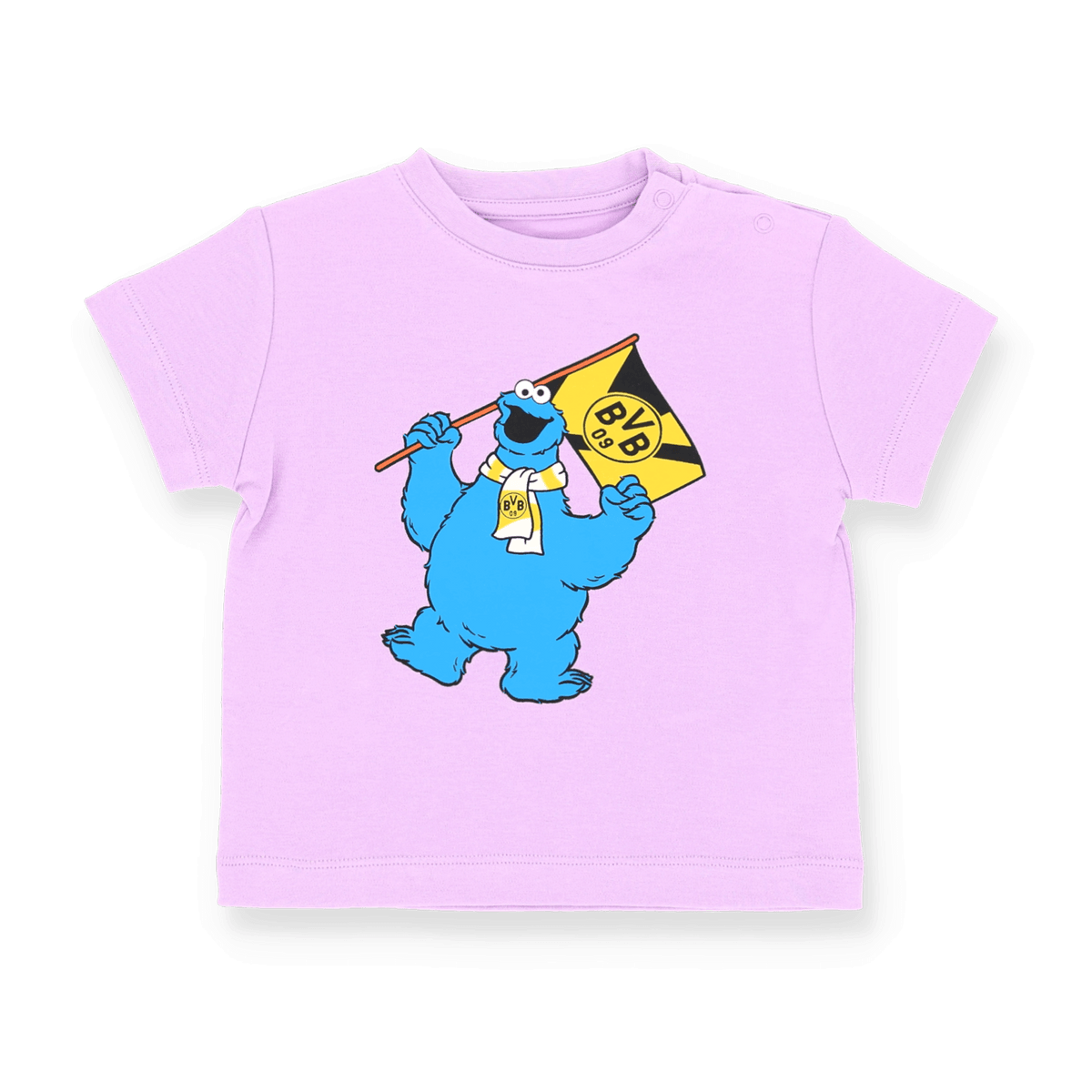Camiseta del BVB de «Barrio Sésamo» en color lila para bebés y niños pequeños, en la que aparece el monstruo de las galletas con una bandera de aficionado del BVB en negro y amarillo.
