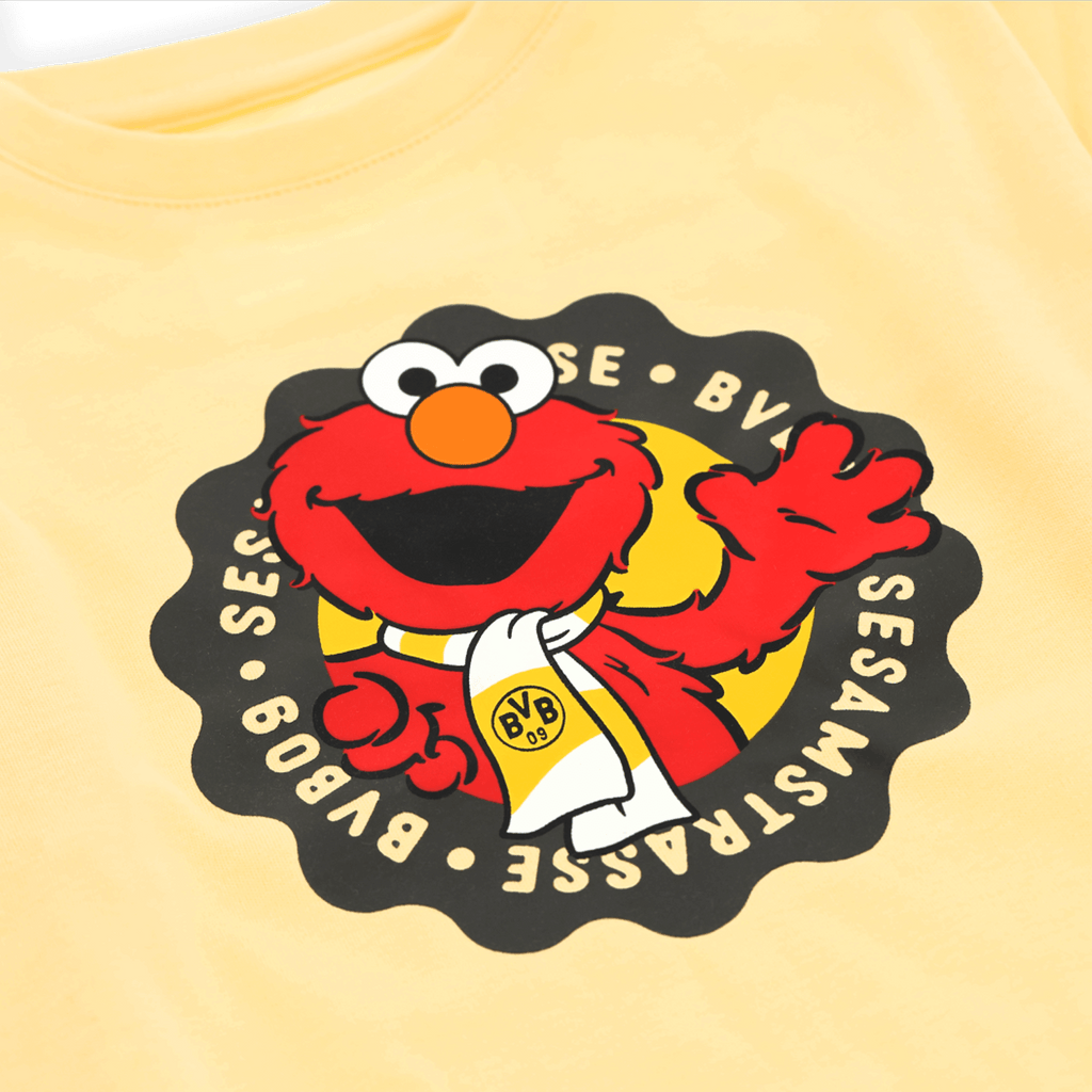 Camiseta amarilla de manga larga del BVB para bebés y niños pequeños con el motivo de Elmo de Barrio Sésamo y el logotipo del BVB en diseño negro y amarillo.