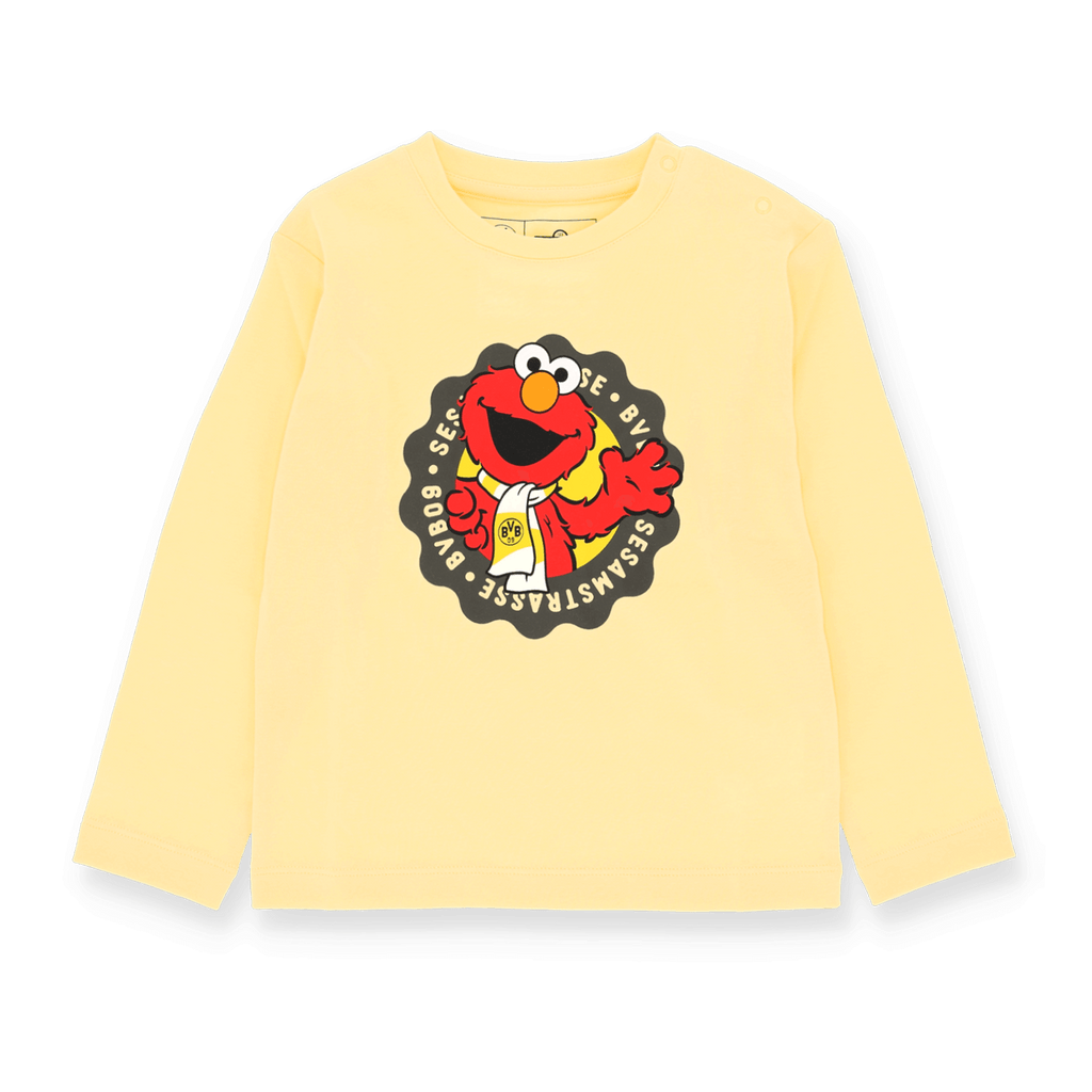Camiseta de manga larga amarilla del BVB y Barrio Sésamo para bebés y niños pequeños, con estampado de Elmo y el logotipo del BVB, ideal para los pequeños aficionados al BVB y a Barrio Sésamo.