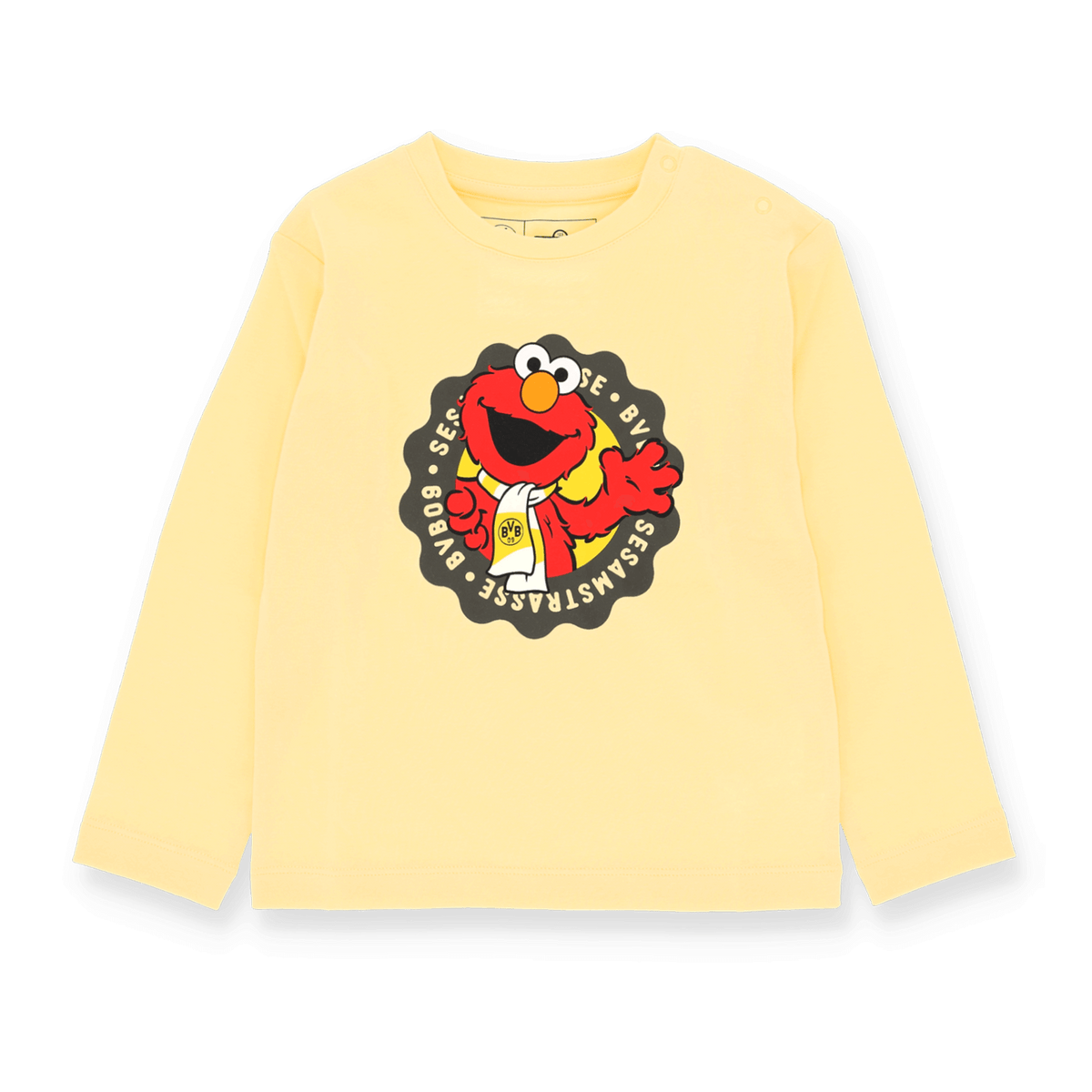 Maglietta a maniche lunghe gialla del BVB con tema Sesame Street per neonati e bambini piccoli, con stampa di Elmo e logo del BVB, ideale per i piccoli tifosi del BVB e di Sesame Street.