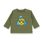 Grünes Baby-Langarmshirt mit Sesamstraße Krümelmonster und BVB-Logo, ideales Fan-Merchandise für kleine Borussia Dortmund Fans.