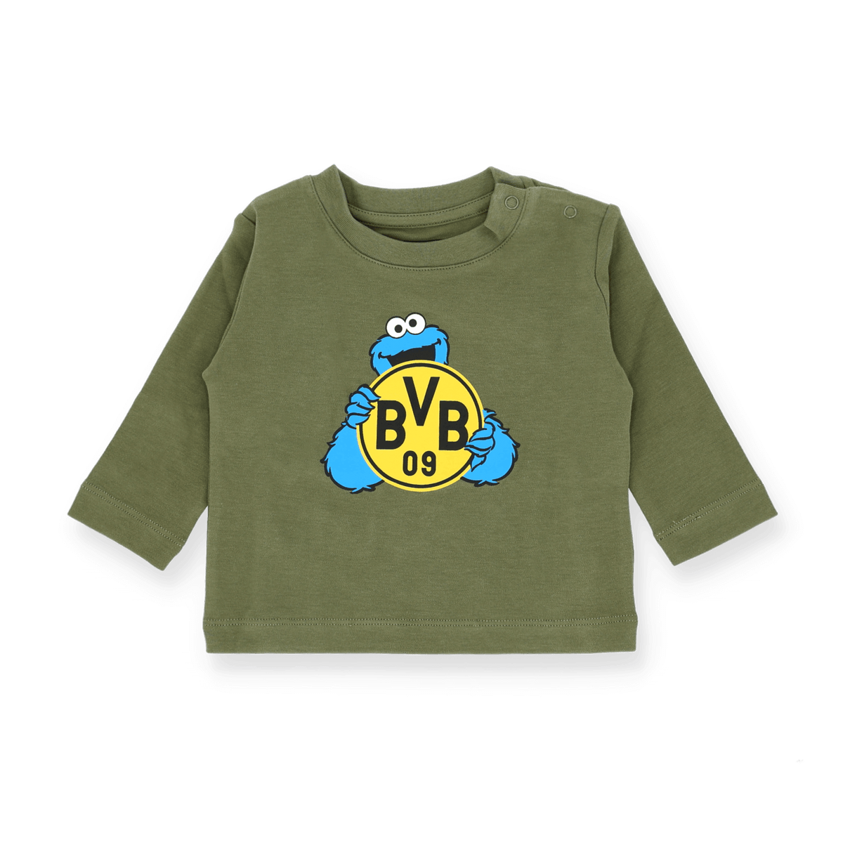 Grünes Baby-Langarmshirt mit Sesamstraße Krümelmonster und BVB-Logo, ideales Fan-Merchandise für kleine Borussia Dortmund Fans.