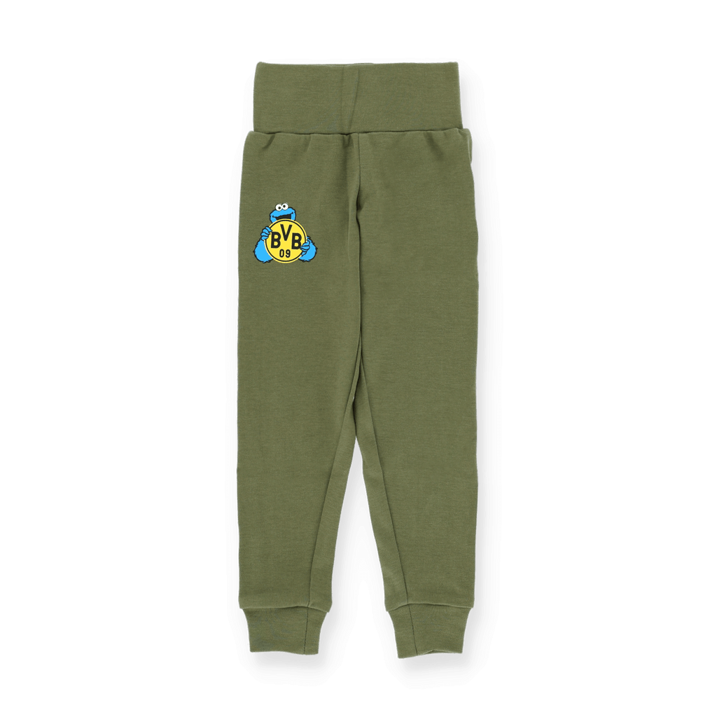 Grüne Jogginghose für Babys und Kleinkinder mit BVB-Logo und Krümelmonster-Design, bequemer Schnitt, ideal für kleine Fans.