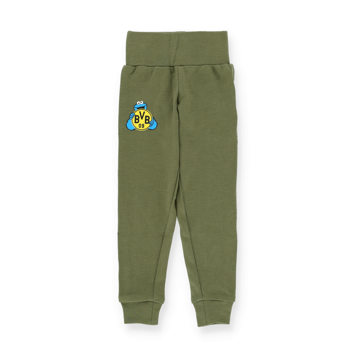 Grüne Jogginghose für Babys und Kleinkinder mit BVB-Logo und Krümelmonster-Design, bequemer Schnitt, ideal für kleine Fans.