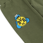 Grünes Baby- und Kleinkinder-Jogging-Set mit Krümelmonster-Grafik und gelbem BVB 09-Logo, ideal für die kleinen Borussia Dortmund Fans.
