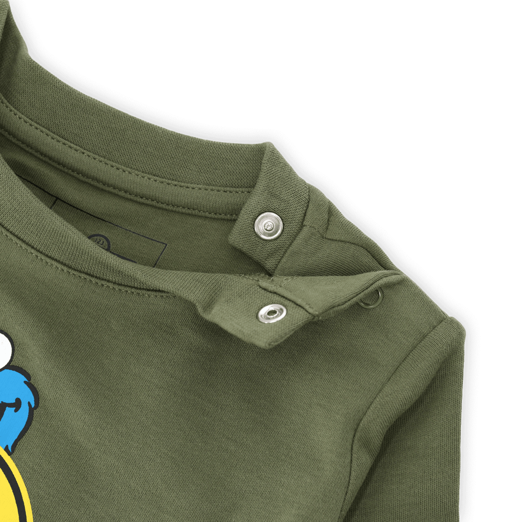Green BVB tracksuit set for babies and toddlers featuring a Sesame Street Cookie Monster design and convenient snap buttons on the shoulder.