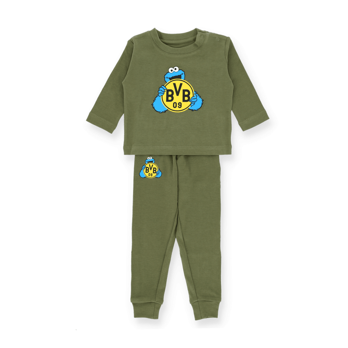 Olivgrünes BVB Jogging Set für Baby-Kleinkinder, bestehend aus Shirt und Hose, mit Cookie Monster und BVB-Logo verziert. Perfekt für kleine Fans.