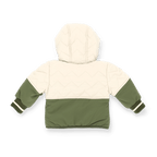 Veste d'hiver bicolore du BVB pour bébés et jeunes enfants, en vert et crème, avec motif matelassé, capuche et manches longues, idéale pour les journées froides.