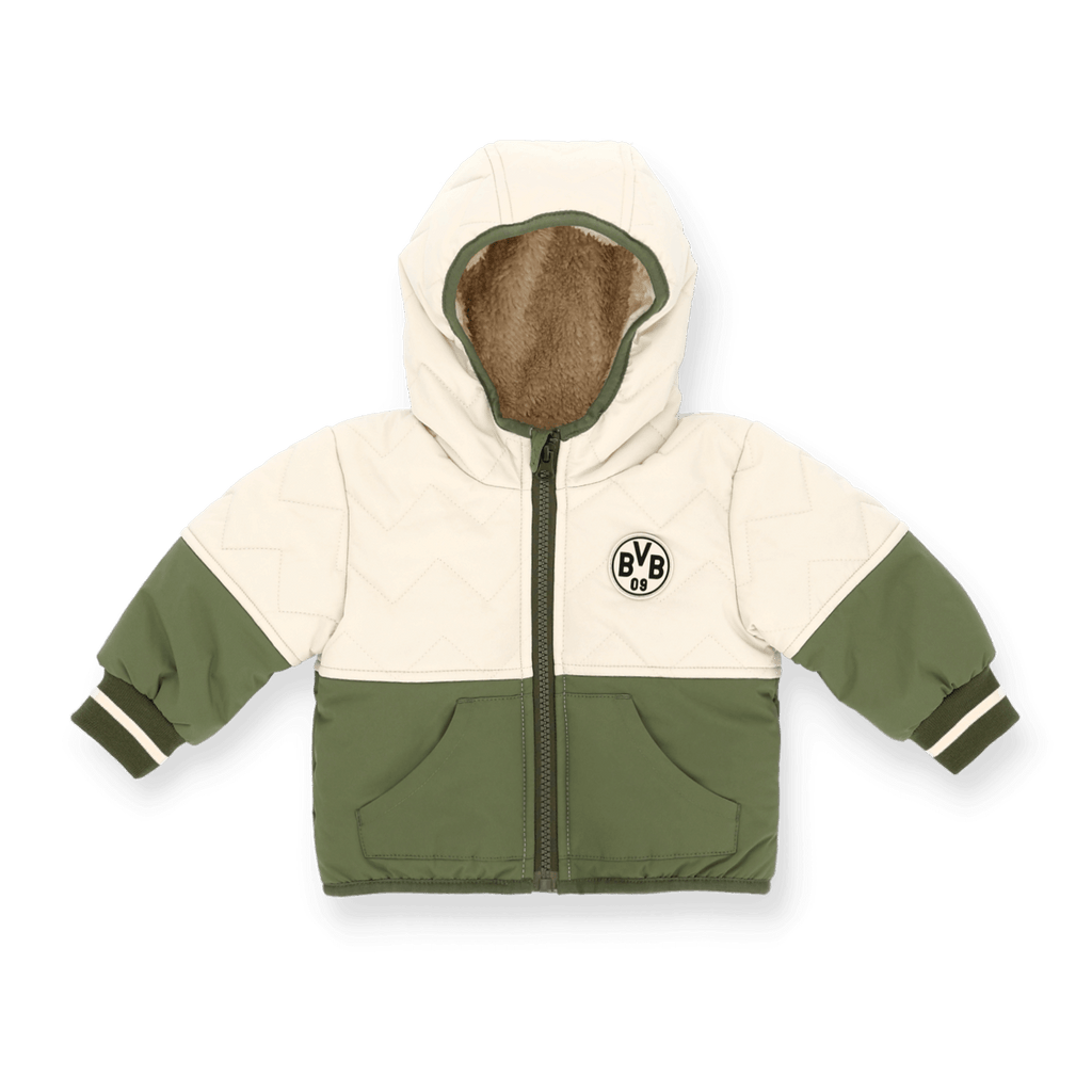 Veste d'hiver bicolore du BVB pour bébés et jeunes enfants, en vert et blanc, avec capuche et écusson du BVB brodé sur la poitrine.