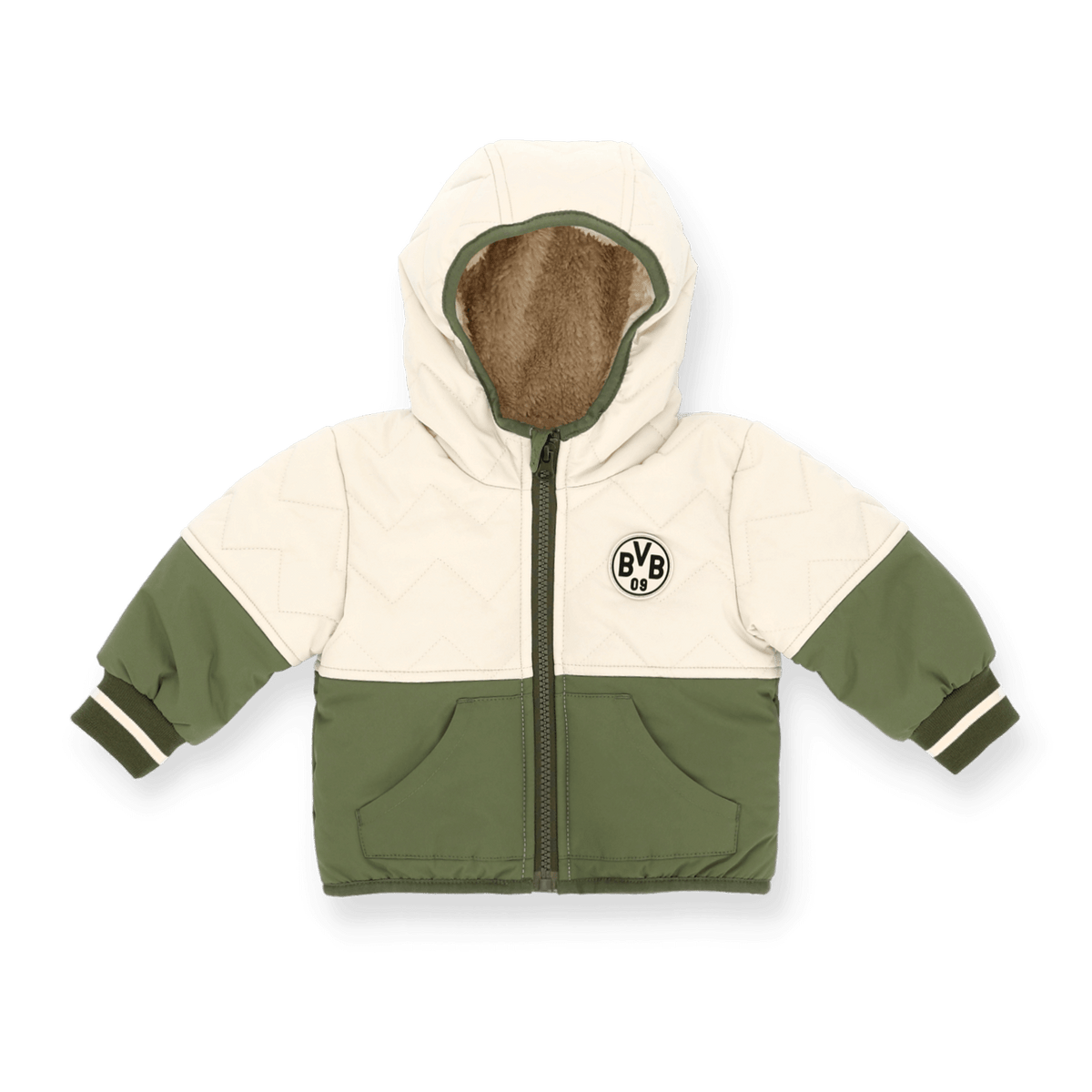 Zweifarbige BVB-Winterjacke für Babys und Kleinkinder in Grün und Weiß, mit Kapuze und gesticktem BVB-Emblem auf der Brust.