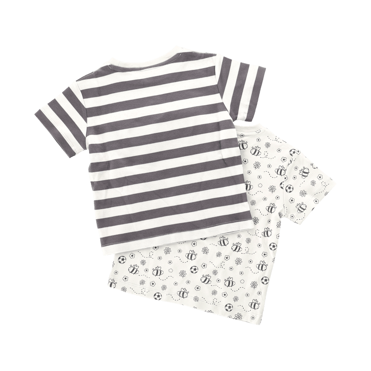 BVB T-Shirt Set für Baby und Kleinkinder, enthält ein schwarz-weiß gestreiftes T-Shirt und ein T-Shirt mit Bienen- und Fußballmuster, ideal für junge Borussia Dortmund Fans.