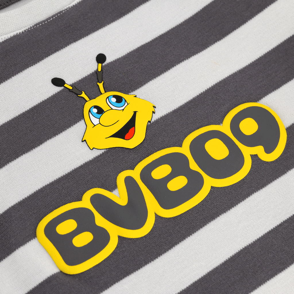 BVB T-Shirt Set 09 AOP for babies and toddlers, featuring gray and white stripes, a yellow BVB logo, and an EMMA design—perfect for little Borussia Dortmund fans.