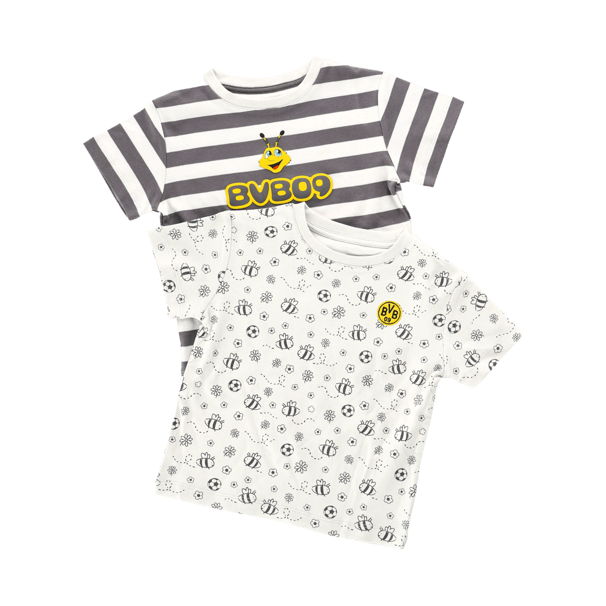 Set aus zwei BVB T-Shirts für Babys und Kleinkinder, eines gestreift in schwarzgelb mit BVB09-Logo und eines mit Bienendesign und Fußball-Elementen.