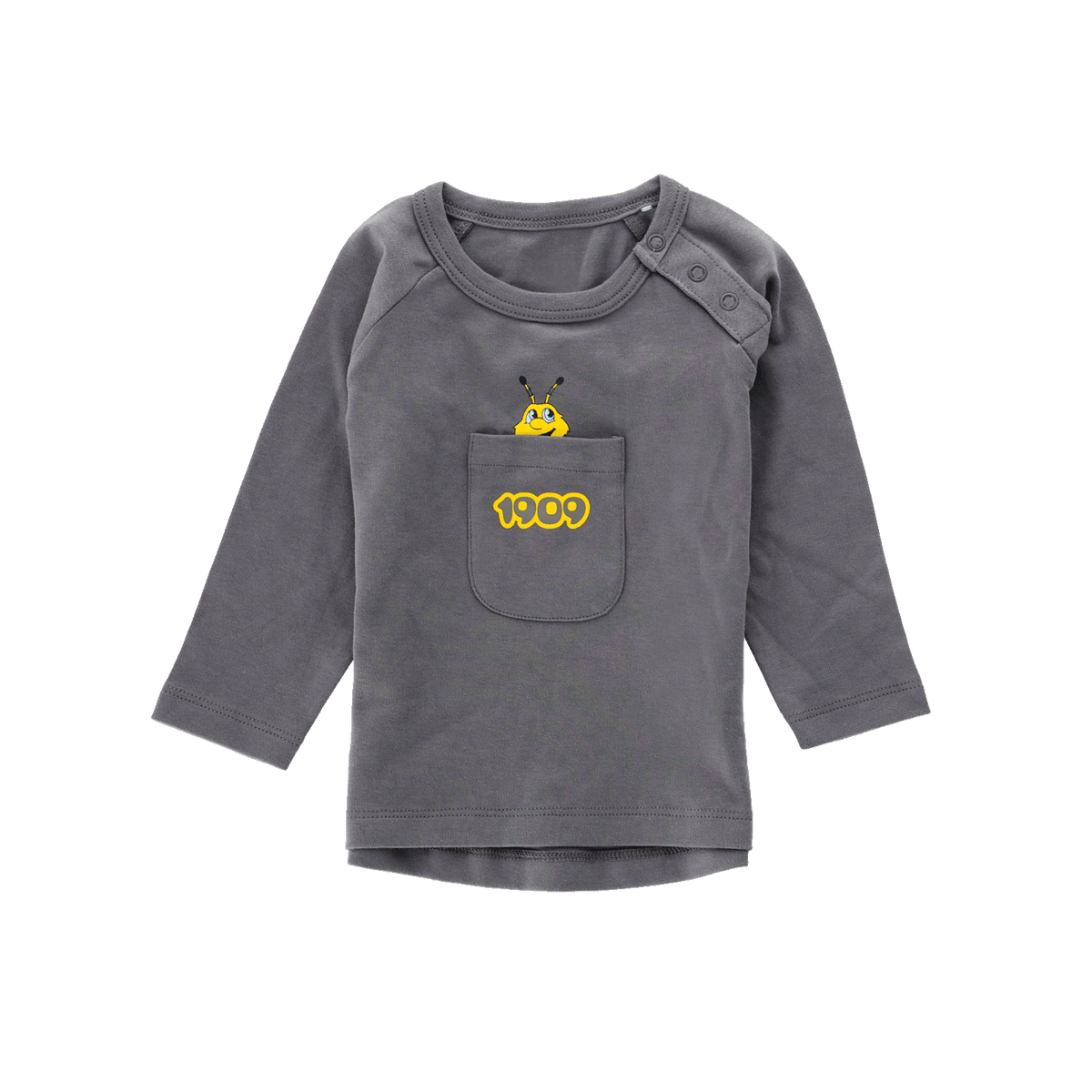 Graues BVB-Baby-Longsleeve mit gelbem 1909-Aufdruck und einer Biene, perfekt für kleine Fans von Borussia Dortmund.