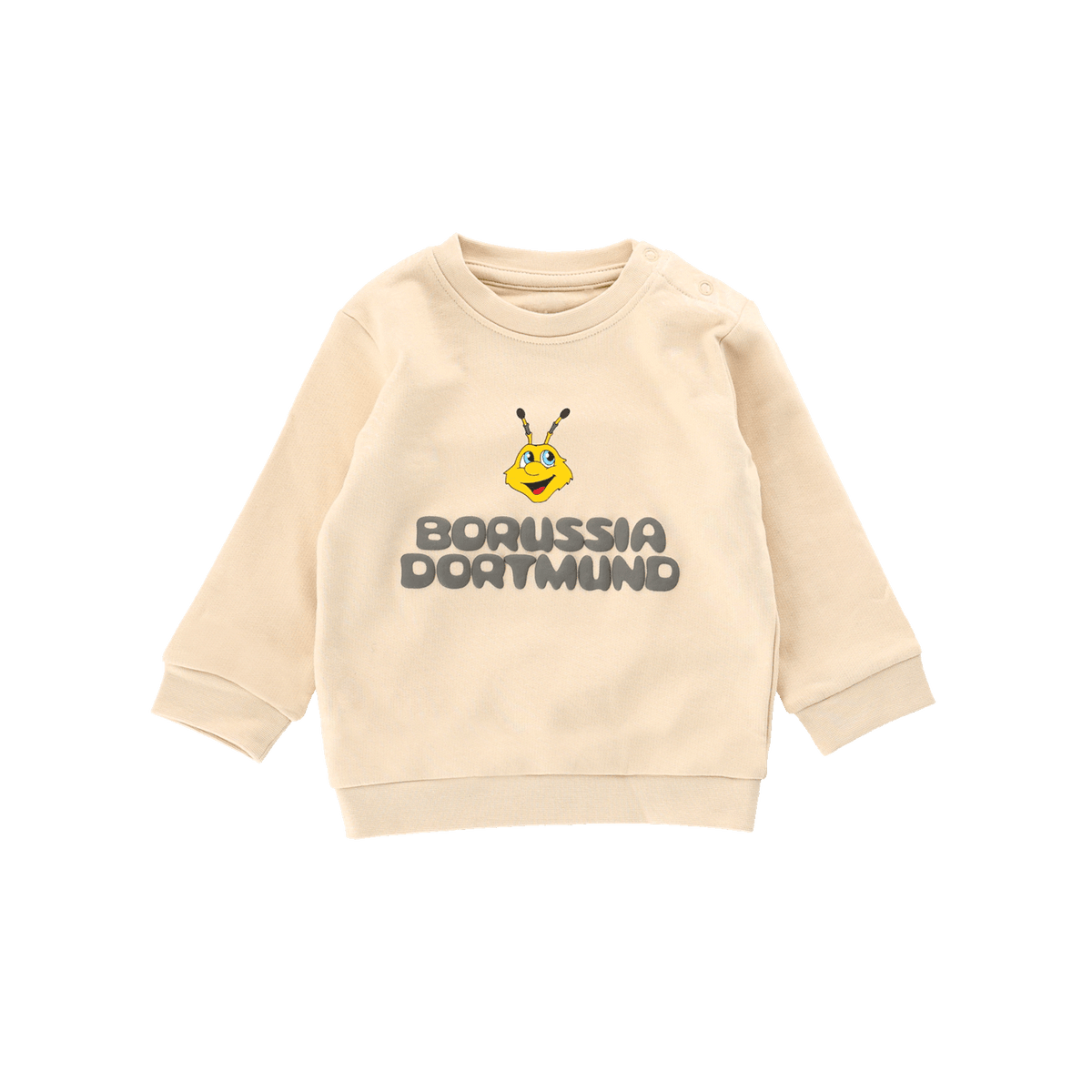 Beigefarbenes BVB-Sweatshirt für Babys und Kleinkinder mit aufgedruckter EMMA und Borussia Dortmund Schriftzug.