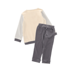 Rear view of a BVB jogging set with a color-block design for babies and toddlers in gray and beige.
