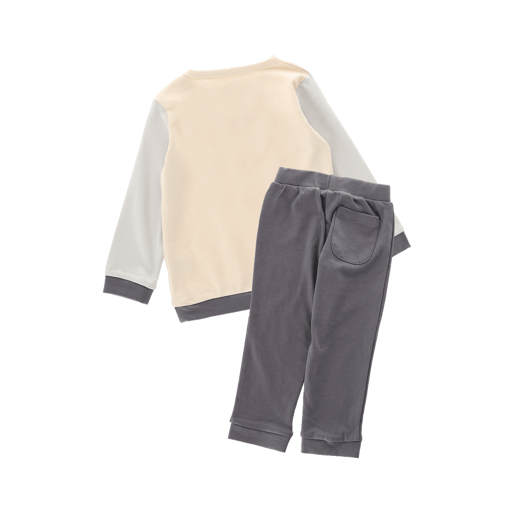 Rear view of a BVB jogging set with a color-block design for babies and toddlers in gray and beige.